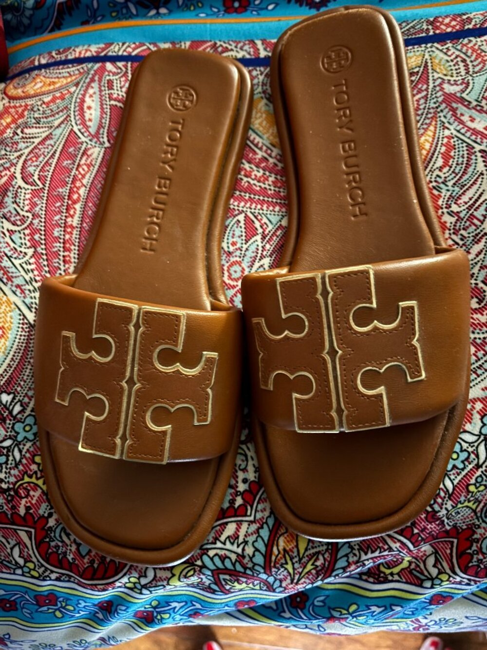 Tory Burch Double T Sport Slide Sandals - gorgeous Bourbon Miele/cognac 8.5